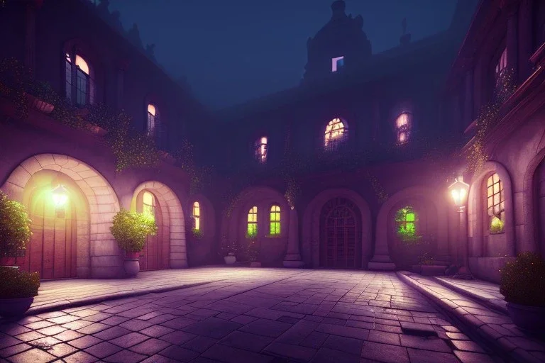 spanish courtyard , night time , unity, scriptable render pipeline , lighting , volumetric , global illumination, fog ,blue emission , purple tone.