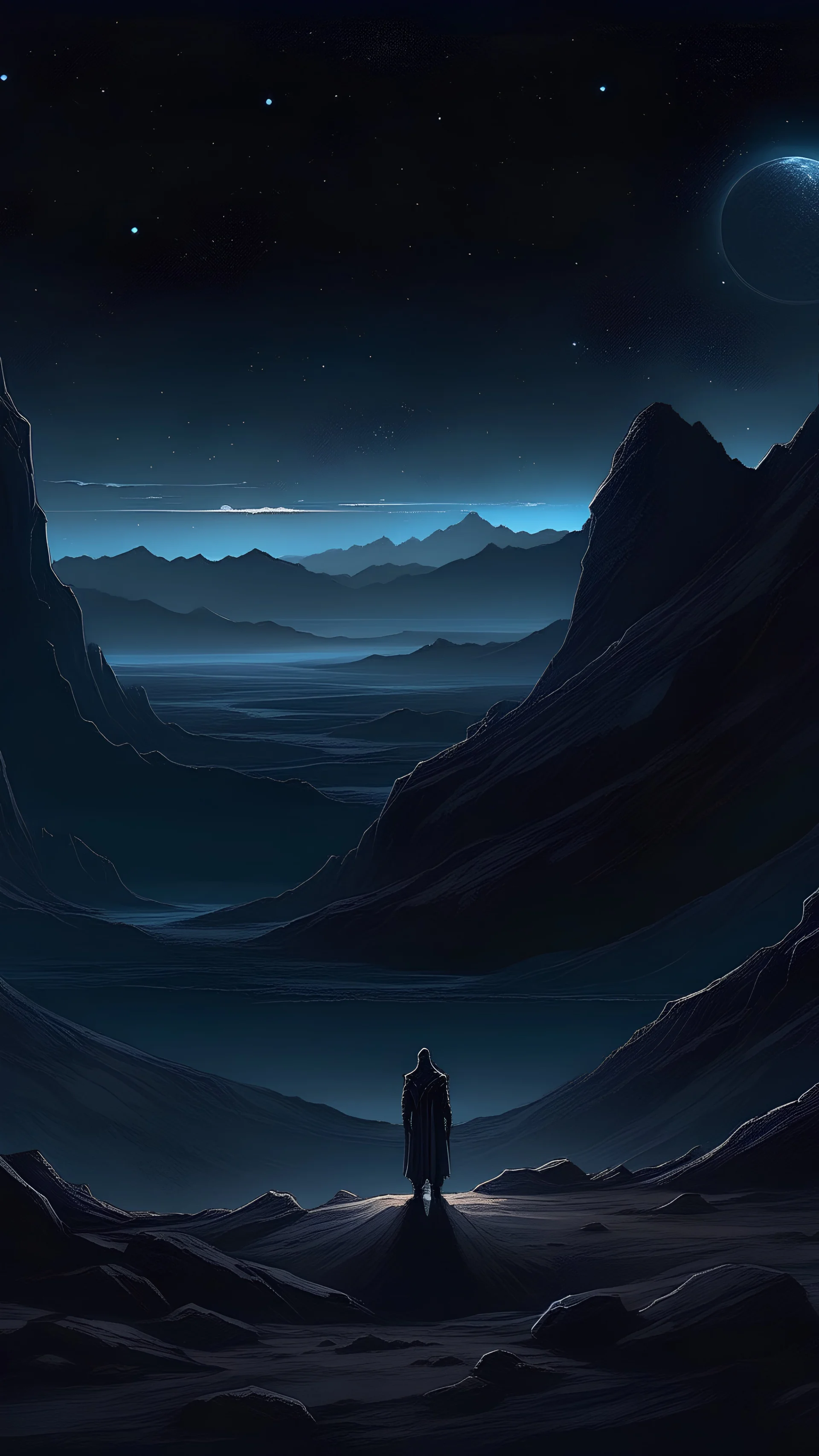 Envision a barren, rocky wasteland beneath a star-studded night sky. Jagged, obsidian cliffs jut out from the ground, and the air is thick with an almost palpable sense of mystery and danger. In the distance, an enigmatic figure cloaked in dark robes stands at the edge of a sheer precipice, gazing out into the unknown.