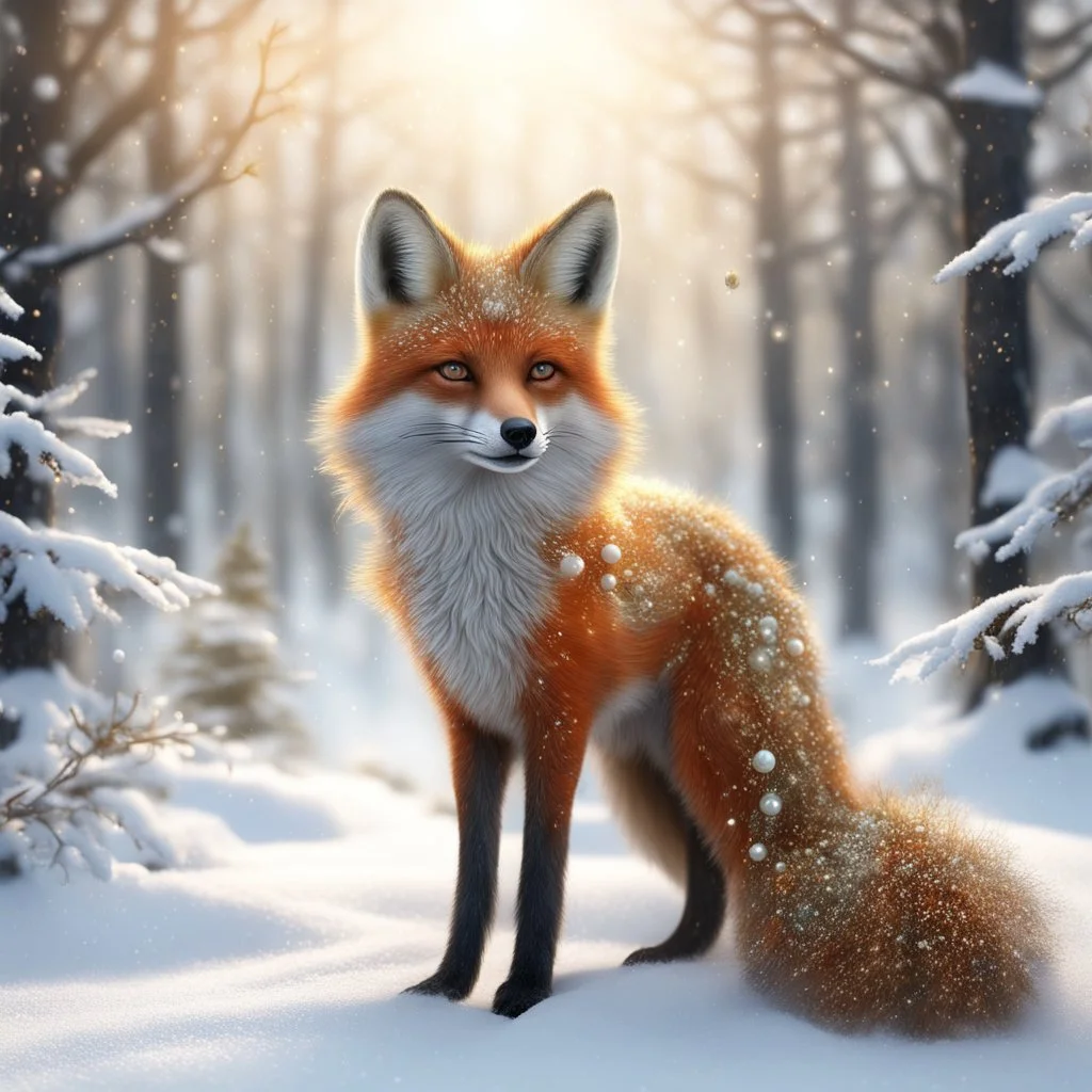 Masterpiece 3D render digital art photostudio quality Just a sprinkle of magic dust, a sprig of berries over a beautiful standing fox with a bushy tail, standing in the snow, backdrop forest winter landscape, insanely beautiful face , silver and gold snow swirl in background, pearls and beads and gold lines