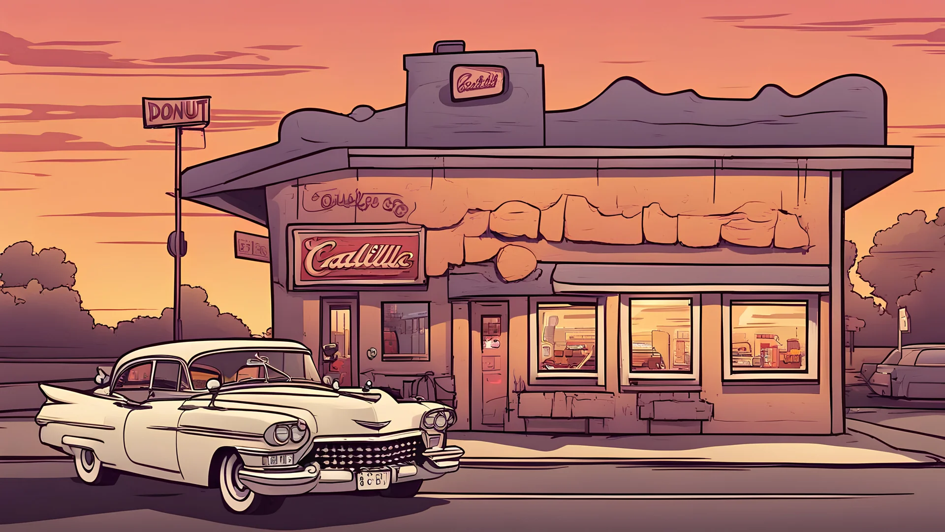 Cartoon old cadillac donut store sunset