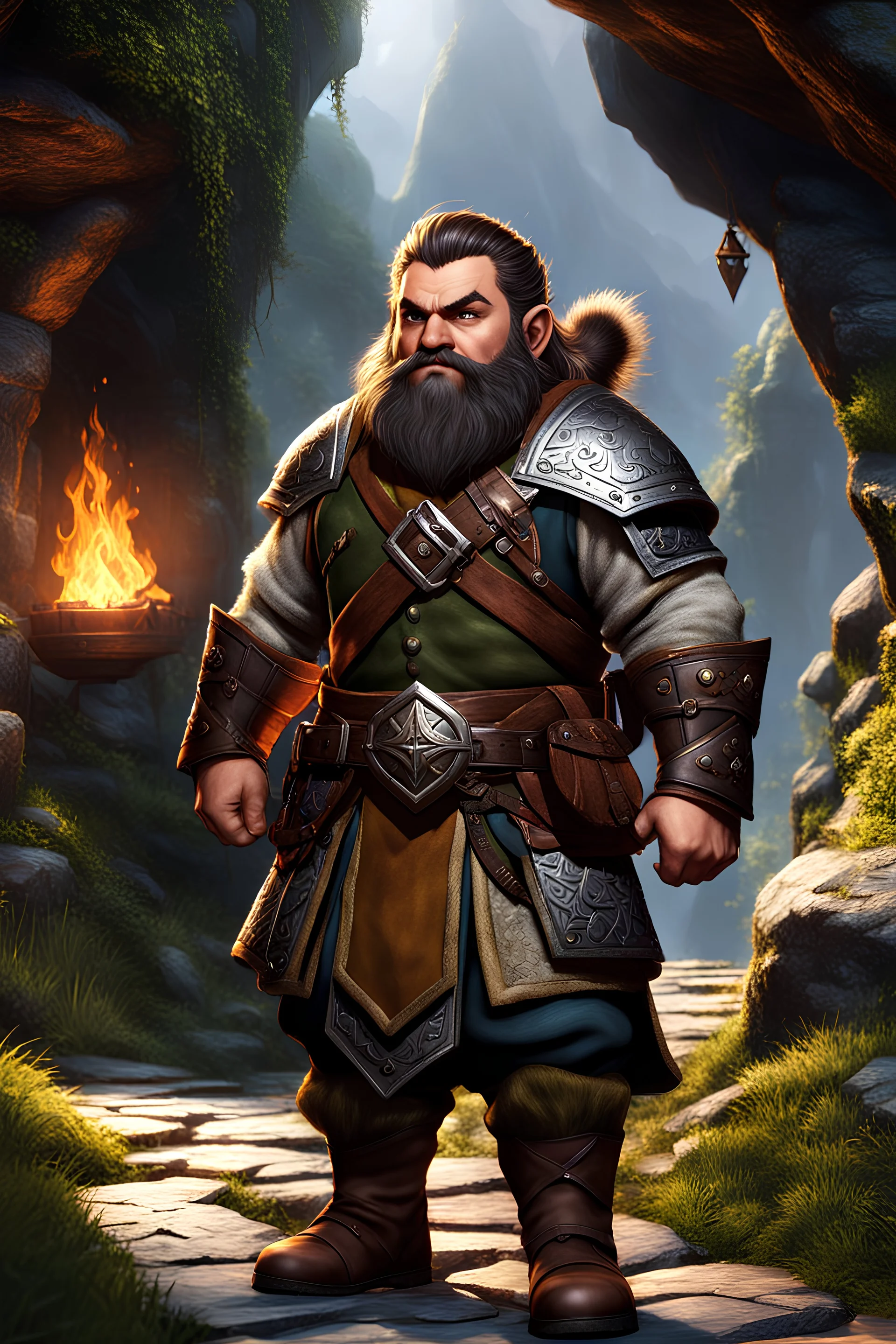 dnd character art of a young dwarf adventurer, high dpi, 3D cgi, unreal engine 6, high detail, intricate, cinematic background