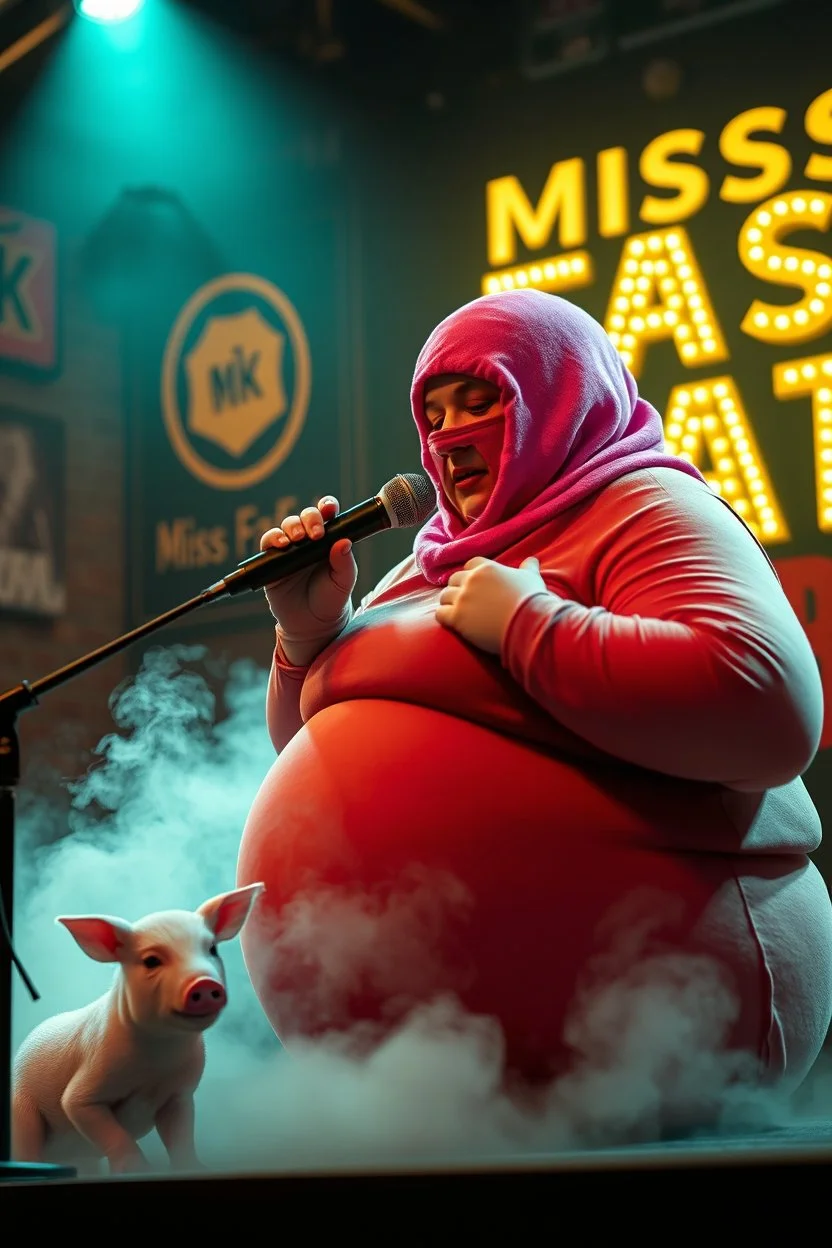 a very fat swedish girl, with pink balaclava with called "Fröken Fläsk" performing at dance club, her name is "Fröken Fläsk" piglets On stage, yellow Neon lights and smog, and "FRÖKEN FLÄSK" big sign on the wall, she singing with mic, text in swedish! no translate mr. stable ai
