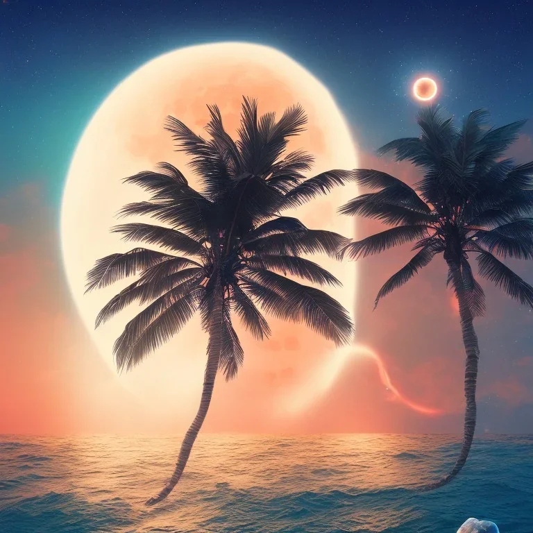 1980's vaporwave aesthetic palm trees with lightning with lunar eclipse in the ocean waves sunset