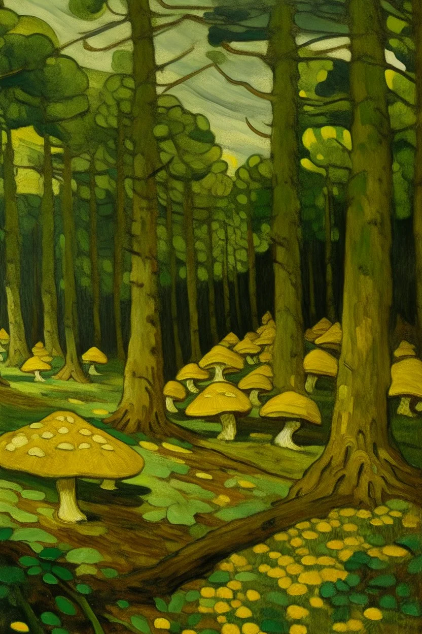 A lime green grove filled with mushrooms painted by Vincent van Gogh