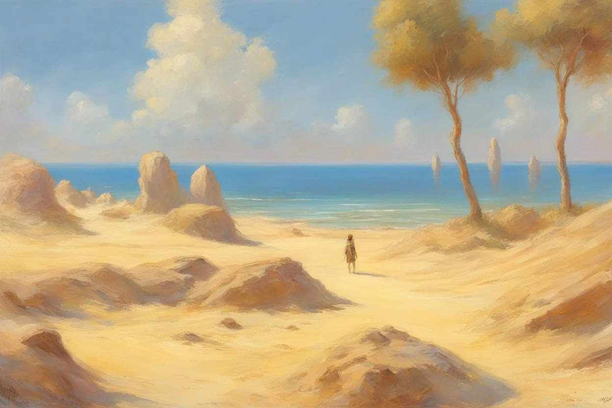 sunny day, sand, rocks, epic horizon, still corners videoclips influence, trascendent influence, very epic, concept art, emile claus and auguste oleffe impressionism painting