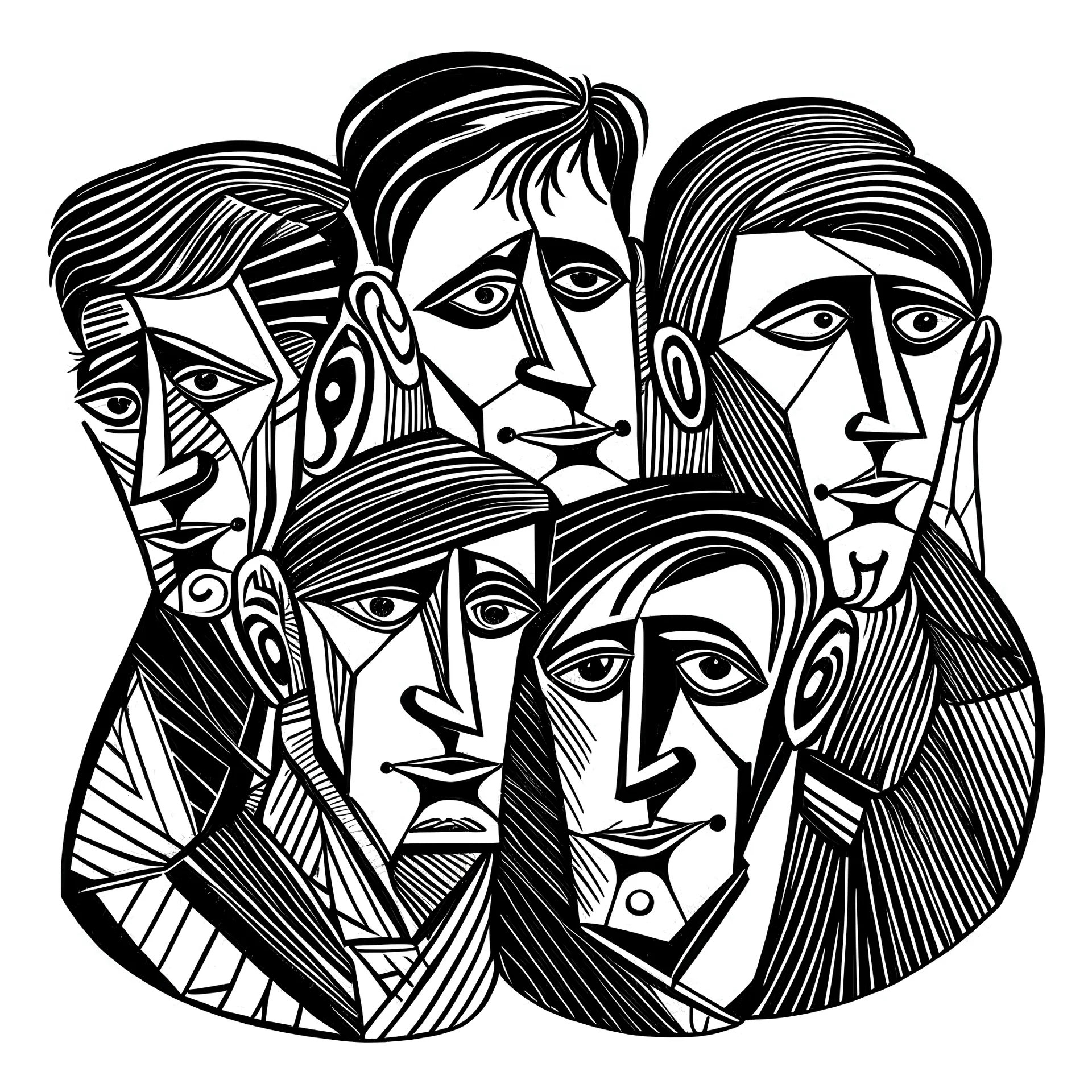 picasso group of 5 men only lines black and white