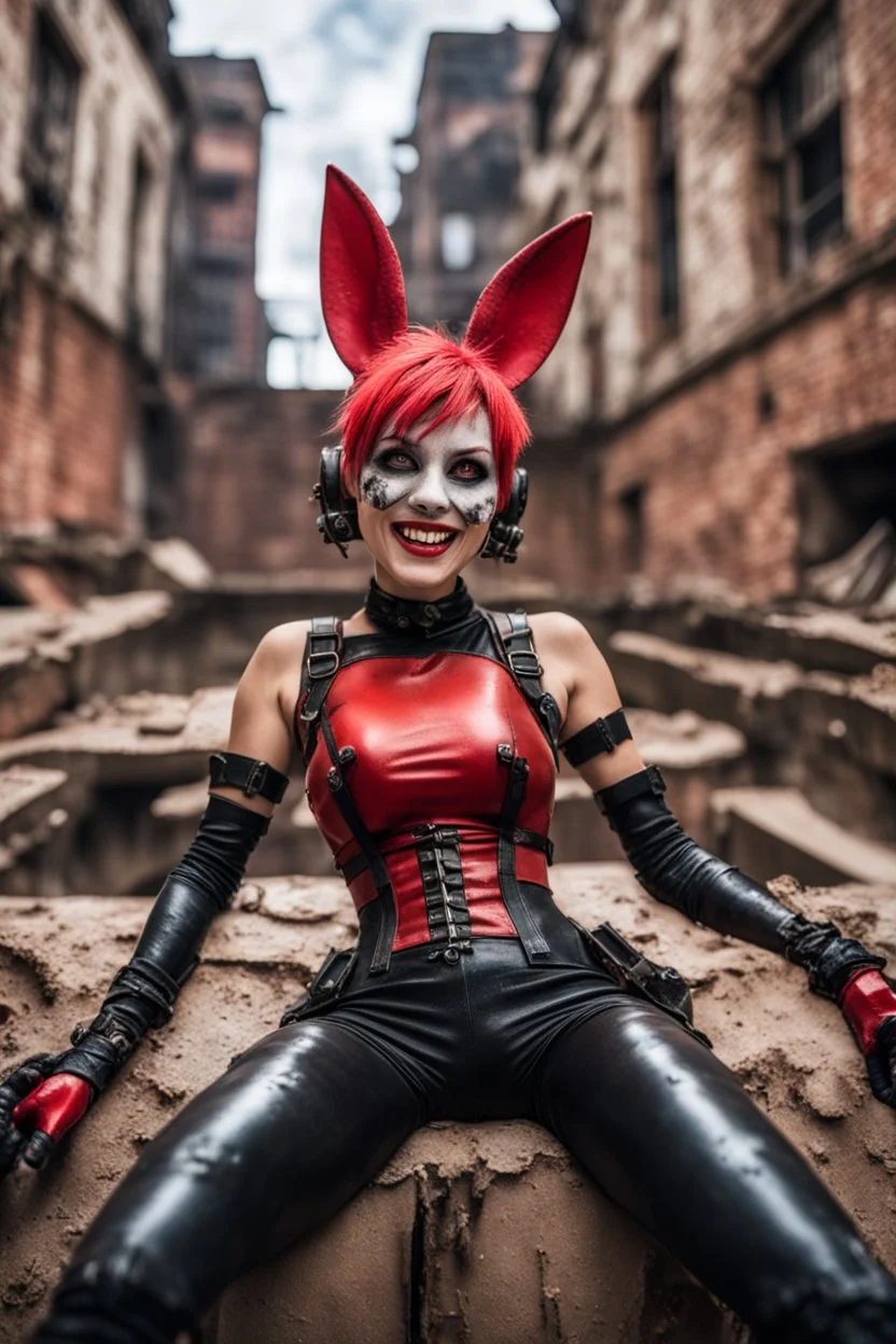 Closeup Tank girl smiling, lying pose, rabbit mask, red and black short hair, latex suit, ragged clothes, fullbody, dieselpunk, valves and old city behind, the perspective looking up from the bottom of an empty well , 8k,macro photography,