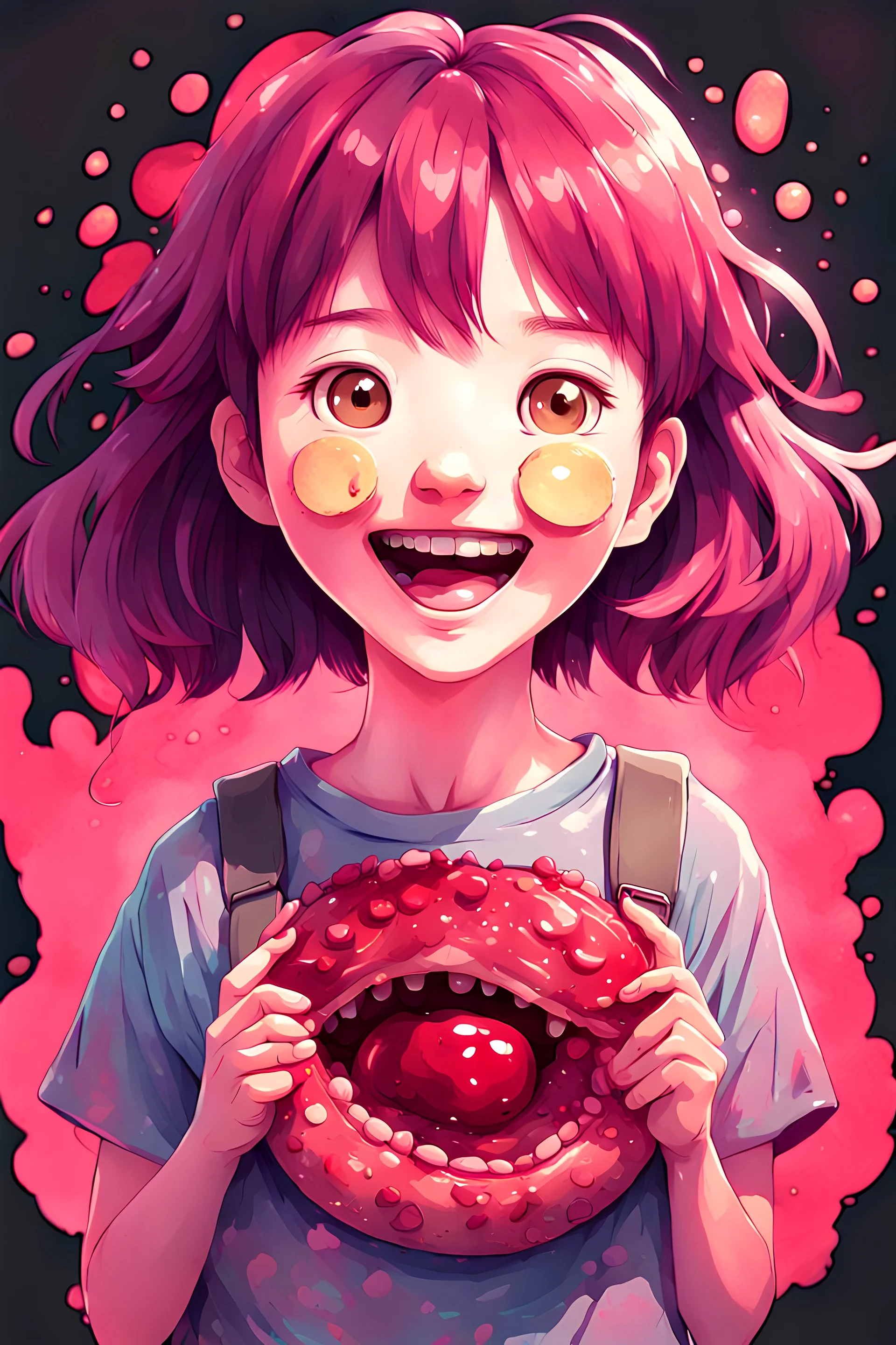 A detailed illustration Anime girl smiling crushed inside really darkred fleshy stomach filled with digestive juices, t-shirt design, in the style of Studio Ghibli, pastel tetradic colors, 3D vector art, cute and quirky, fantasy art, watercolor effect, bokeh, Adobe Illustrator, hand-drawn, digital painting, low-poly, soft lighting, bird's-eye view, isometric style, retro aesthetic, focused on the character, 4K resolution, photorealistic rendering, using Cinema 4D, vector logo, vector art,