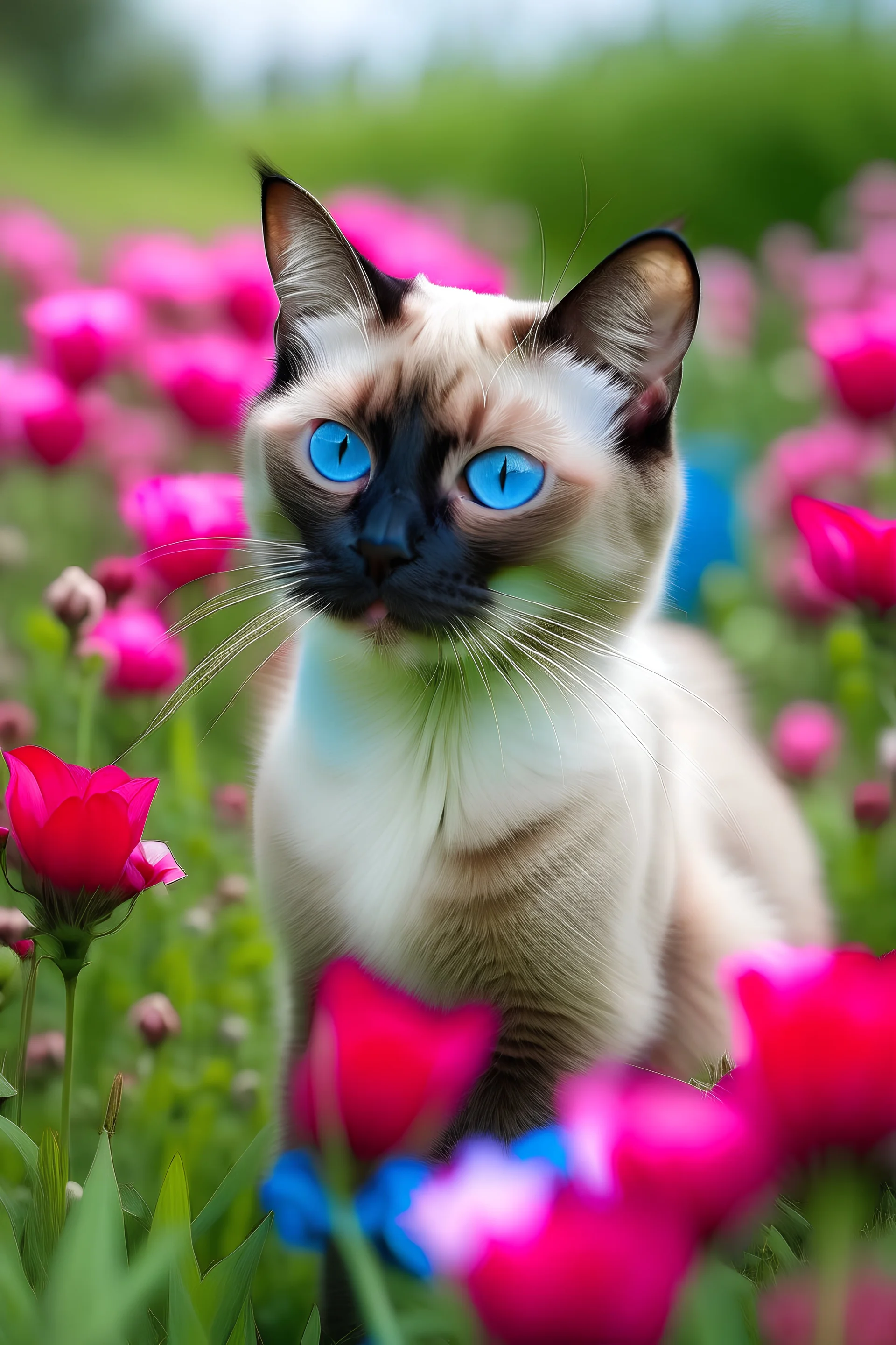 Un gato siamés en un campo lleno de flores rosas y azules