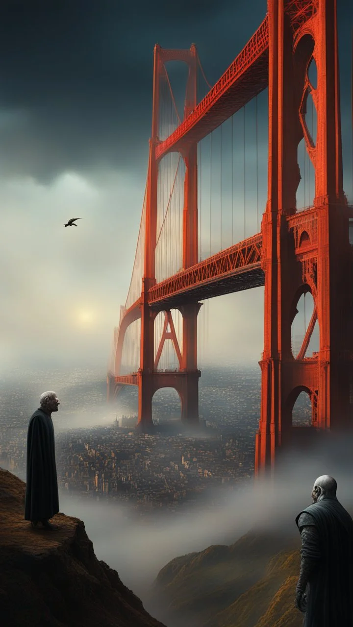 Bosch nightmares paining style Title:the giant is taller than San Francisco Golden Gate Bridge standing , 8k artistic photography, photorealistic concept art, soft natural volumetric cinematic perfect light, chiaroscuro, award-winning photograph, masterpiece, oil on canvas, Raphael, Caravaggio’s, Greg Rutkowski, people, beksinski, Giger