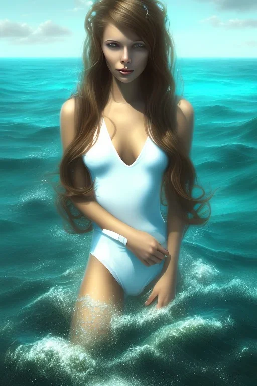 brown hair muse with white top in the ocean