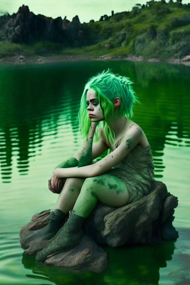 woman sitting on a rock, in a lake, green mottled skin, green hair