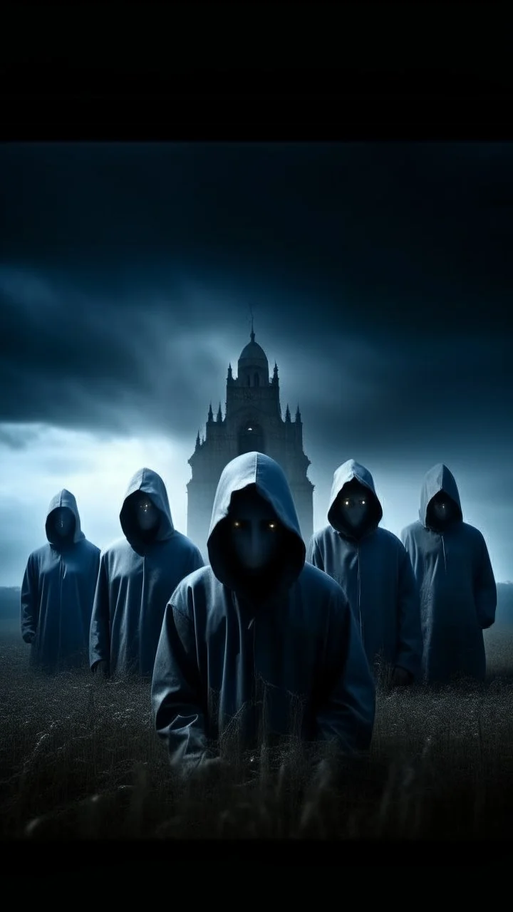 A group of scary large hooded evils figures with glowing white eyes looking at you . A big castle in the background in a blue and gray ,cloud of stormy weather , ultra hi quality picture with cinematic science, tragedy, A big field of grass near front view