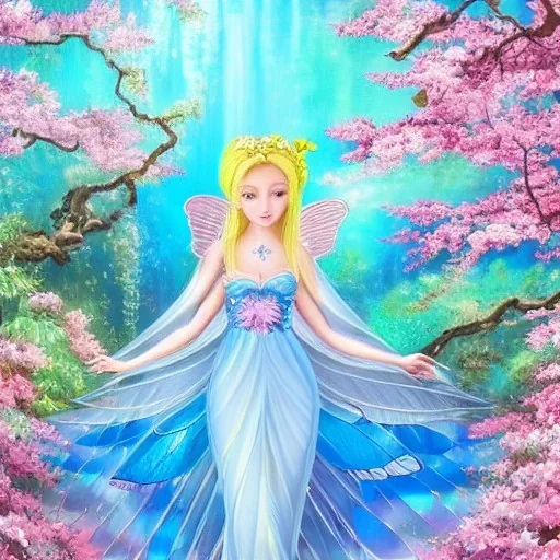 jolie féé blonde avec des ailes irisés et une robe de princesse entourée de cerisiers du japon et de cascade d'eau transparente et bleuté