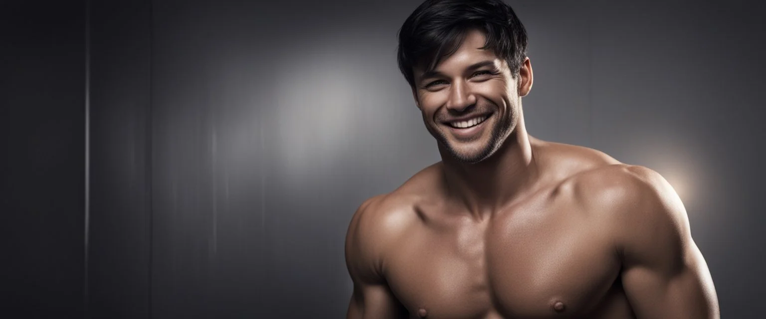 Hyper realistic Extremely Handsome shirtless with short black hair muscular man smiling standing in a black towel in a dark room