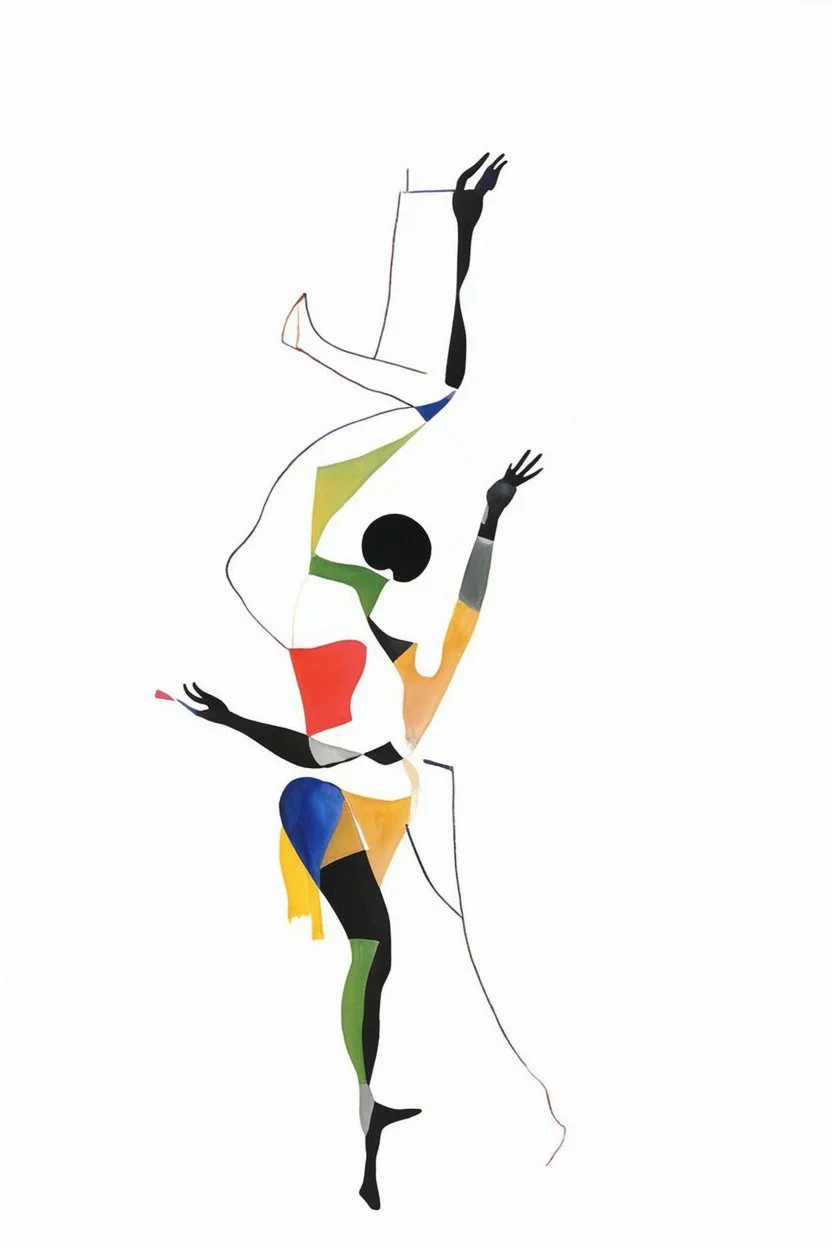 Reprezentare grafica minimal art a unei compozitii de arta moderna figurativa reprezentand un dans african , cu multe detalii, formalizata dupa modelul mixat a lui Dali cu Picasso în stilul combinat acuarelei moale a lui Joan Miro si cu filigran lineart minimal a lui Jean Cocteau cu Paleta de culori impresionista cu culori putine si tari. Fond alb si linii color subtiri si paralele cu umbre de hasuri