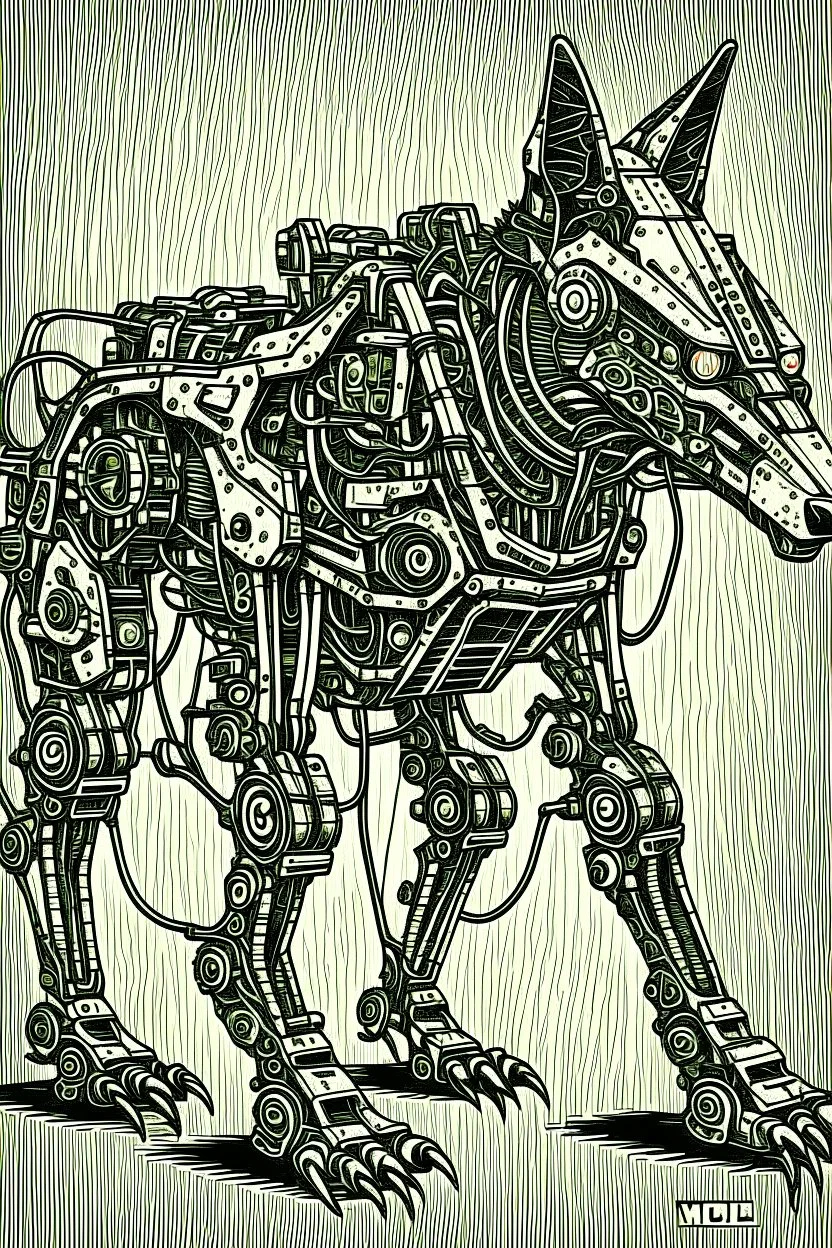 Wolf biotic robot drawn in the style of E
