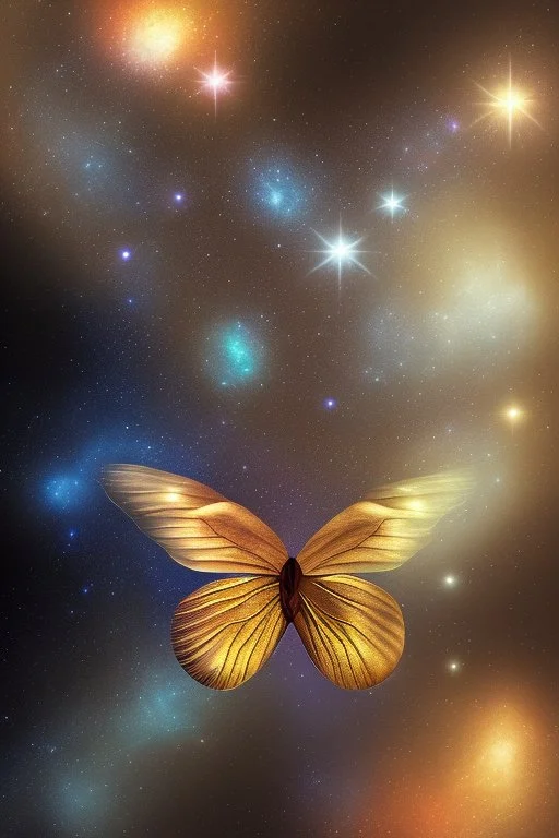 A luminous brown butterfly in a galaxy in space