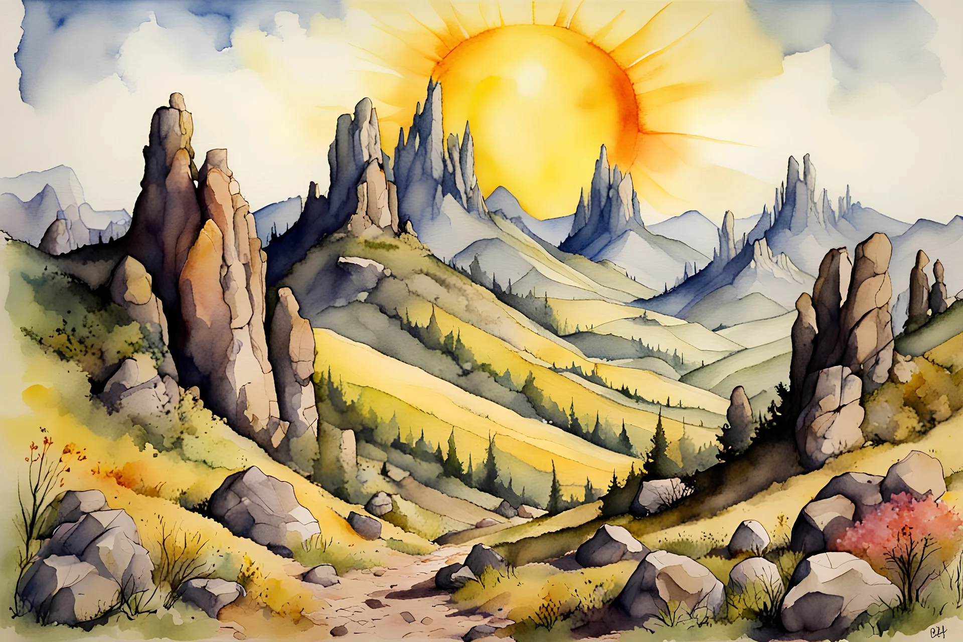Sunny day, mountains, sci-fi, fantasy, rocky land, spring, albert durer watercolor paintings