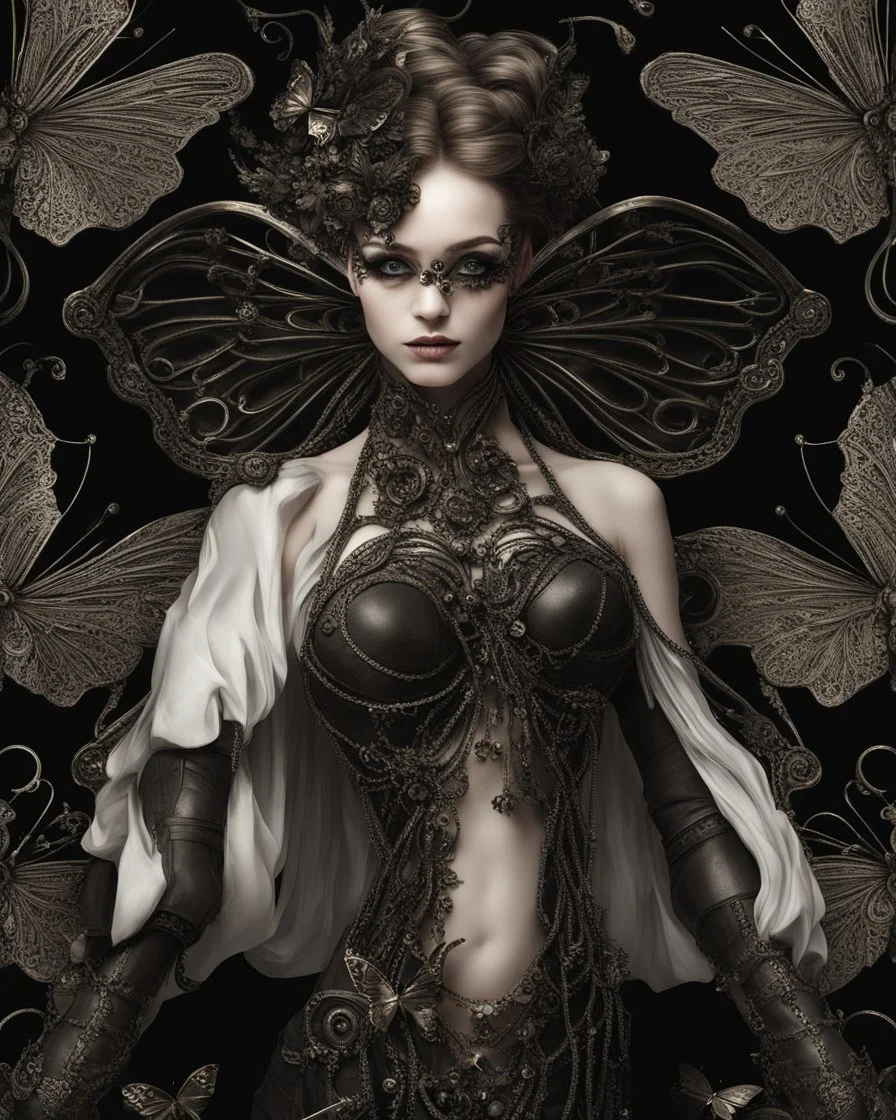 gothic, steampunk delicate metal woman, butterfly, wings, black background