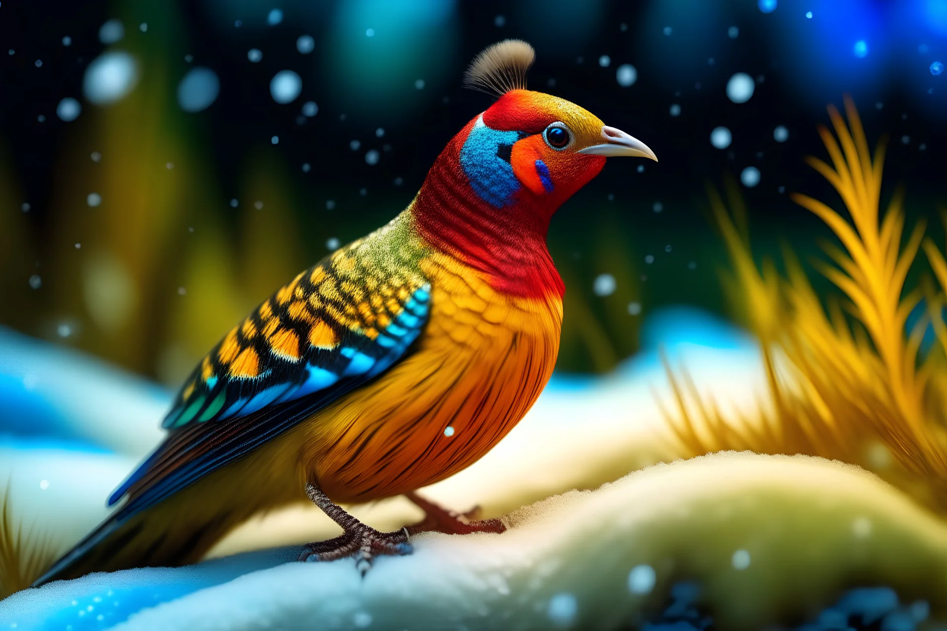 On a snowy and frosty meadow, a beautiful golden pheasant in harmony with nature, colorful of unprecedented beauty, the collaboration of Paul Klee and Tim Burton, starry night, delicate painting, clear focus, 8k, very attractive, fantastic close-up view, clear 4K 3D quality, art deco, colorful pheasants roam freely, large eyes, moonscape, magic flowers, 3D image. acrylic painting with round diamonds