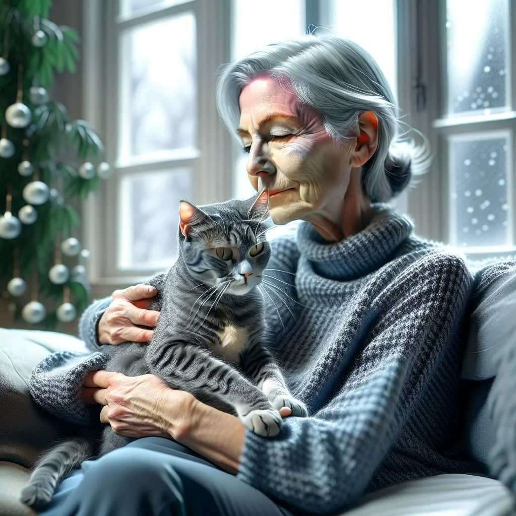 create a sleeping grey haired middle aged woman with chin length hair, sitting on a chair, in front of a window, holding her beloved gray and white tabby Oriental shorthair cat, also sleeping, in her arms. Serene peaceful calm. the snow falling outside