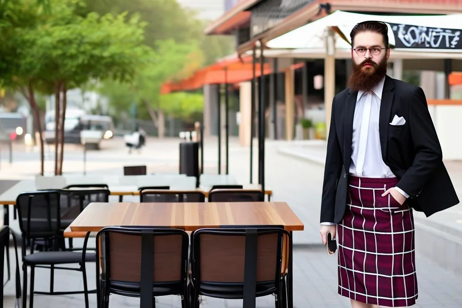 bearded man in elegant suit with checkered skirt on high heels standing next to a restaurant holding a laptop case in sunshine