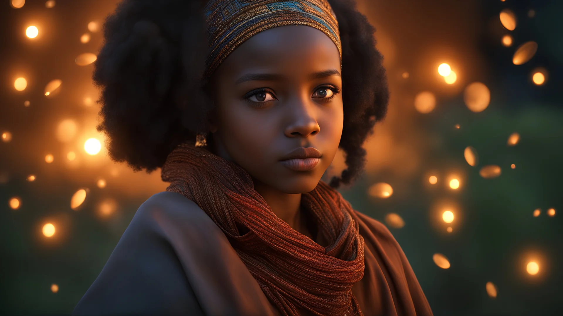 little young Ethiopian girl, peaceful, gentle, confident, calm, wise, facing camera, head and shoulders, traditional Ethiopian costume, perfect eyes, exquisite composition, night scene, fireflies, moon, stars, beautiful intricate insanely detailed octane render, trending on artstation, 8k artistic photography, photorealistic concept art, soft natural volumetric cinematic perfect light, chiaroscuro, award-winning photograph, masterpiece, Raphael, Caravaggio, Bouguereau, Alma-Tadema