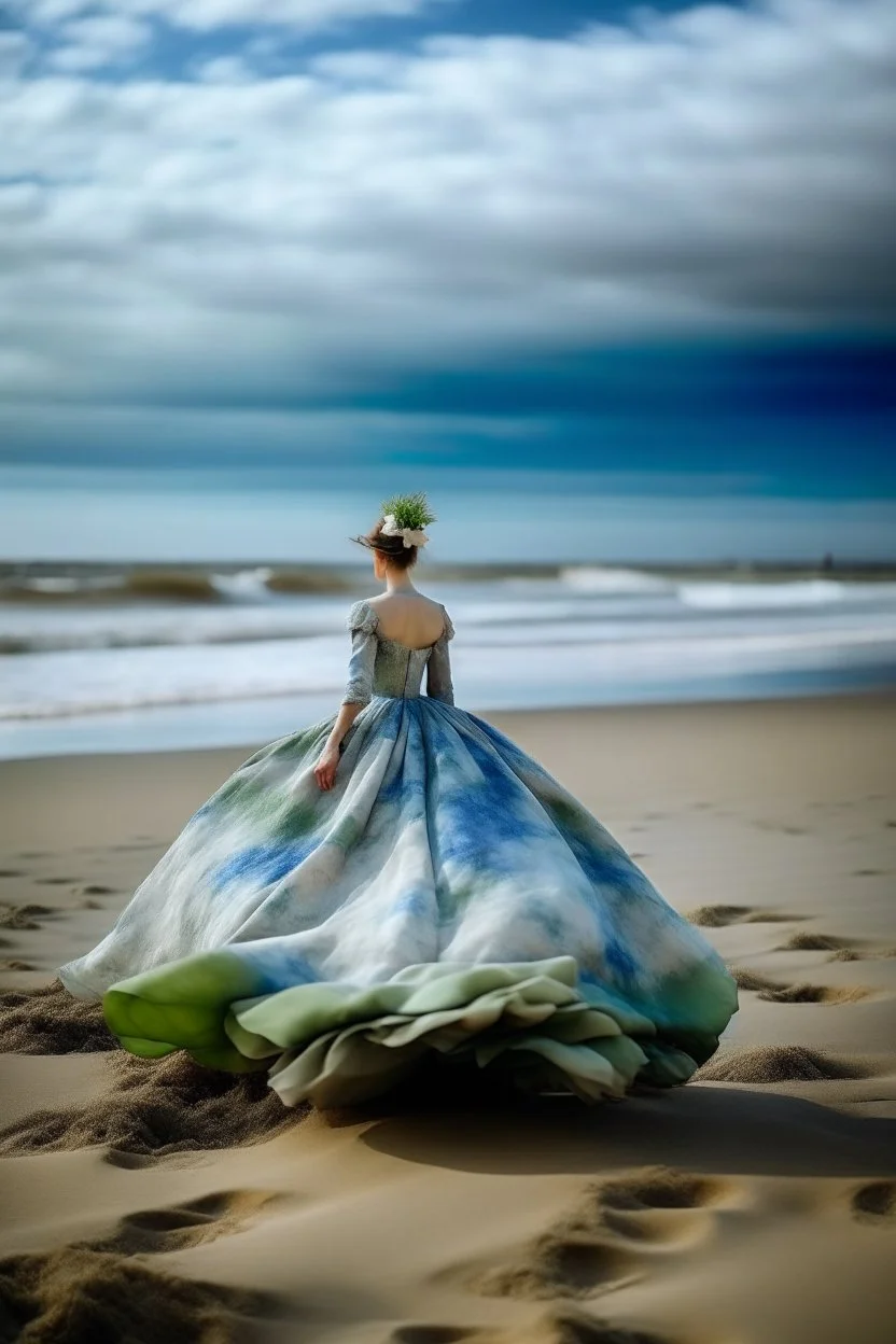 woman wearing a ball gown on the beach in the style of monet