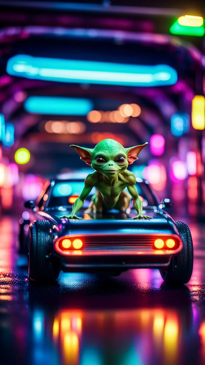 sexy dragster stunt alien gremlin on the car roof posing on a hipster car parked in dark neon lit reflective wet arcade hall tunnel,bokeh like f/0.8, tilt-shift lens 8k, high detail, smooth render, down-light, unreal engine, prize winning