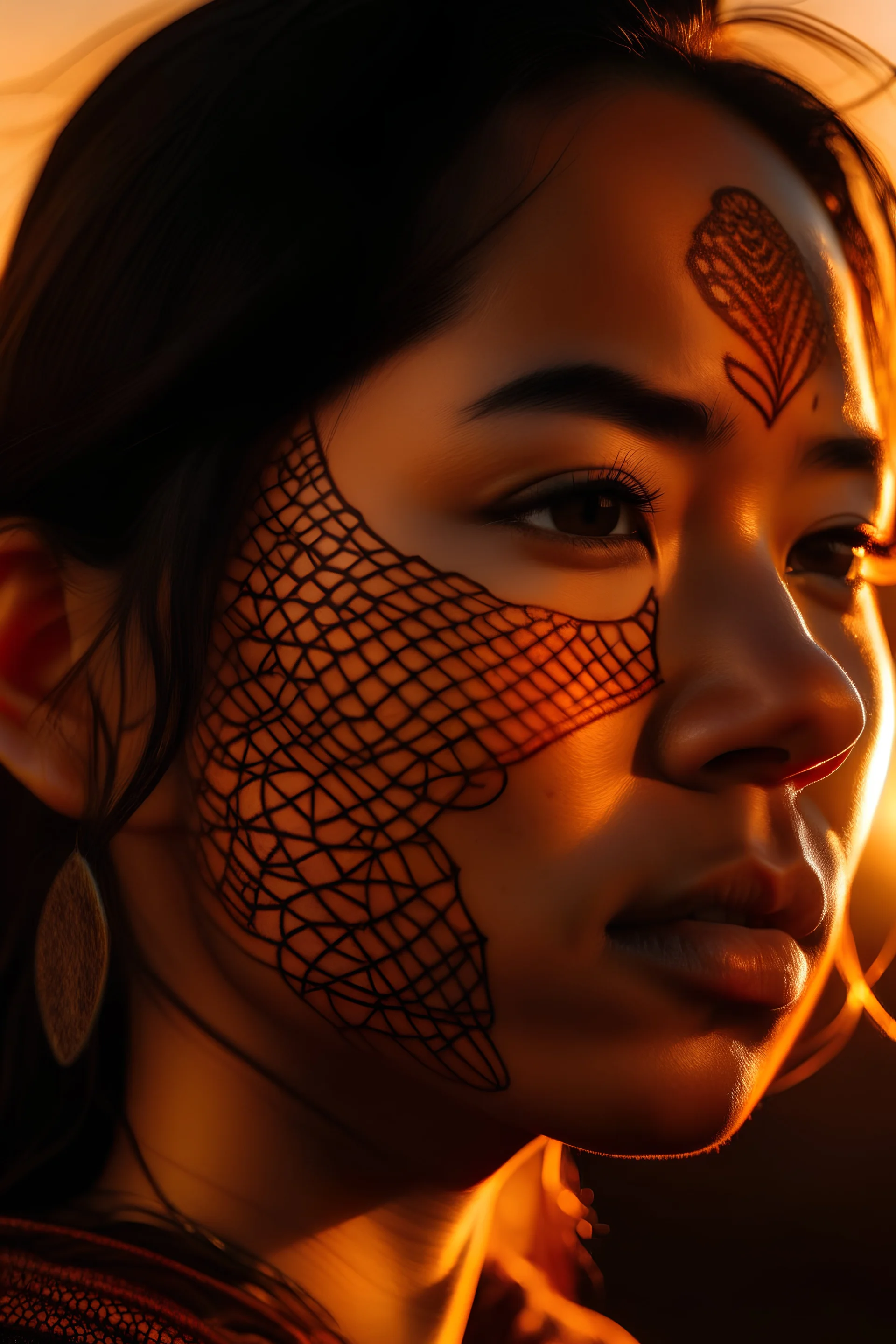 A profile picture of a person against the backdrop of a warm sunset, emphasizing on facial features and intricate patterns of light and shadow.