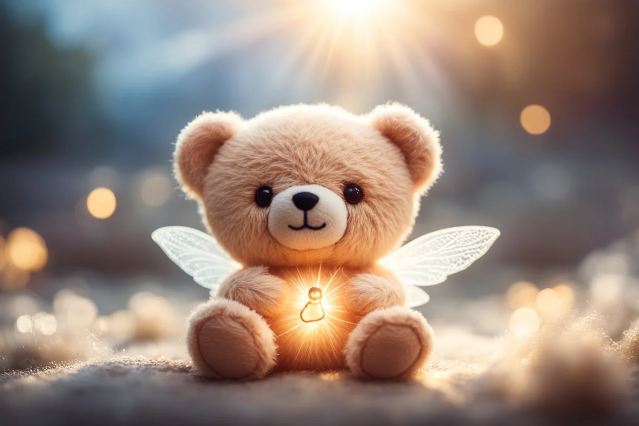 photorealistic image, cute chibi plushy embroidered teddy bear fairy with a translucent, shining halo above its head in Ecuador, cigar in his hand in sunshine, ethereal, otherwordly, cinematic postprocessing, bokeh, dof Weight:1 heavenly sunshine beams divine bright soft focus holy in the clouds Weight: 0.9