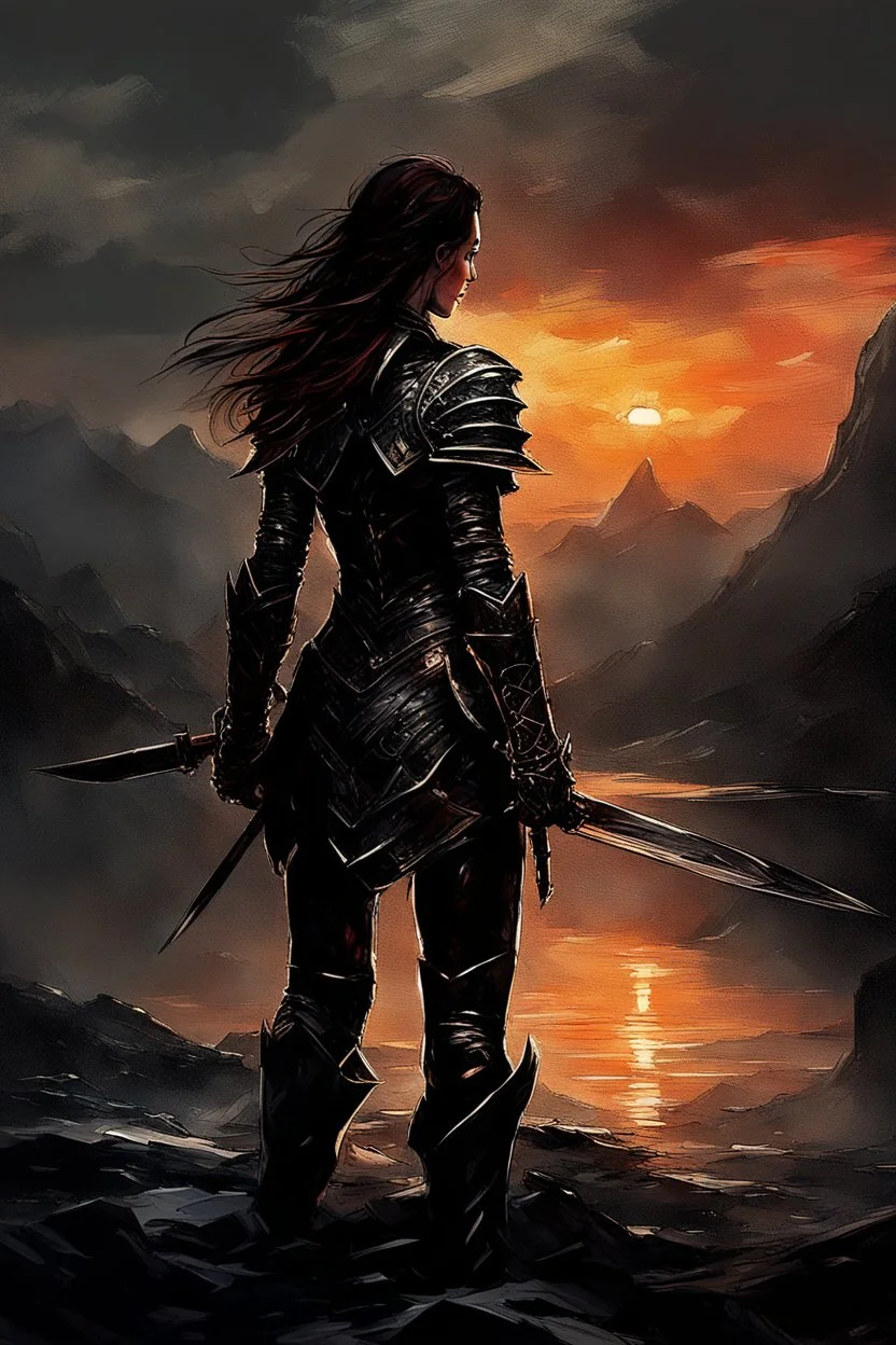 A formidable warrior girl in black armor, on the background Amazing gloomy landscape, flooded with sunset, mountains, trees, fabulous scary hero, , juicy emotions, painting, dark fantasy, bad weather, gloomy day, dark world, by Raymond Swanland & Alyssa Monks & Anna Razumovskaya & James Paick