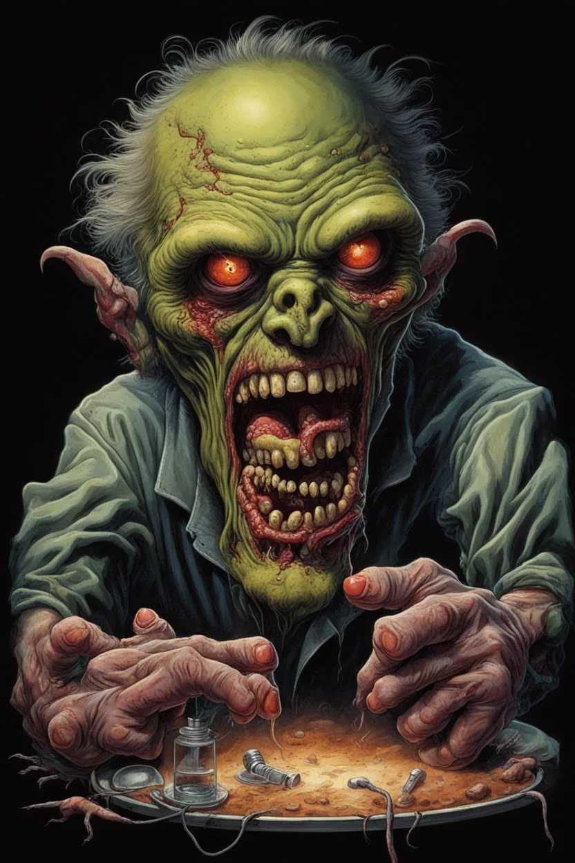 High_Quality_Art Digital Painting of Science experiment Horror Cronenberg Monster zombie creature by Richard Corben, Todd Schorr, T-Shirt Design, Black Background,