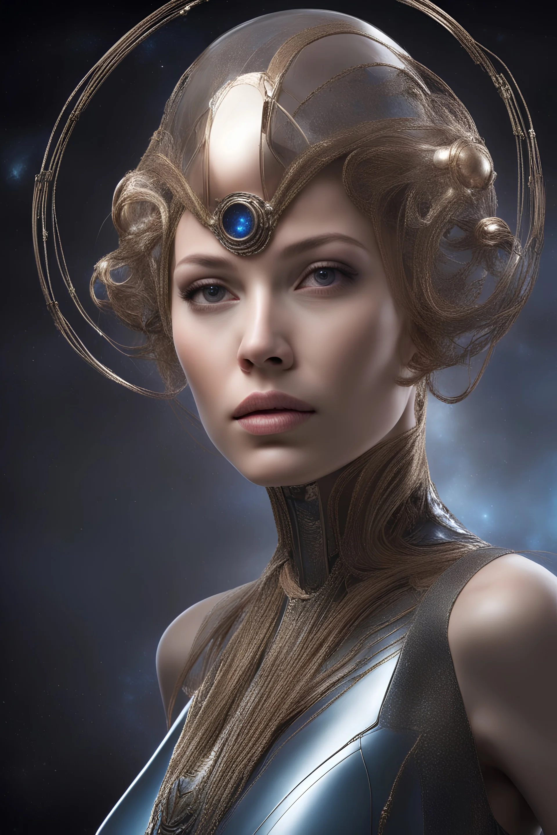 Head and shoulders image, A science-Fiction Space Opera - A long time ago in a galaxy far, far away there lived a tiny, thin, slender, little woman named Petra Payton, a voluptuous beauty , inspired by all the works of art in the world, Absolute Reality, Reality engine, Realistic stock photo 1080p, 32k UHD, Hyper realistic, photorealistic, well-shaped, perfect figure, perfect face, laughing, a multicolored, watercolor stained, wall in the background,