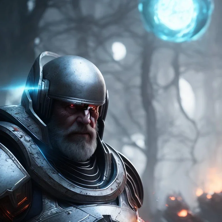 Epic Character design, strong Male void soldier wearing metal armor black, mist, photorealistic, octane render, unreal engine 5 style, ultra detailed, volumetric lighting, Dark Alien planet, old man with helmet scarred face with beard