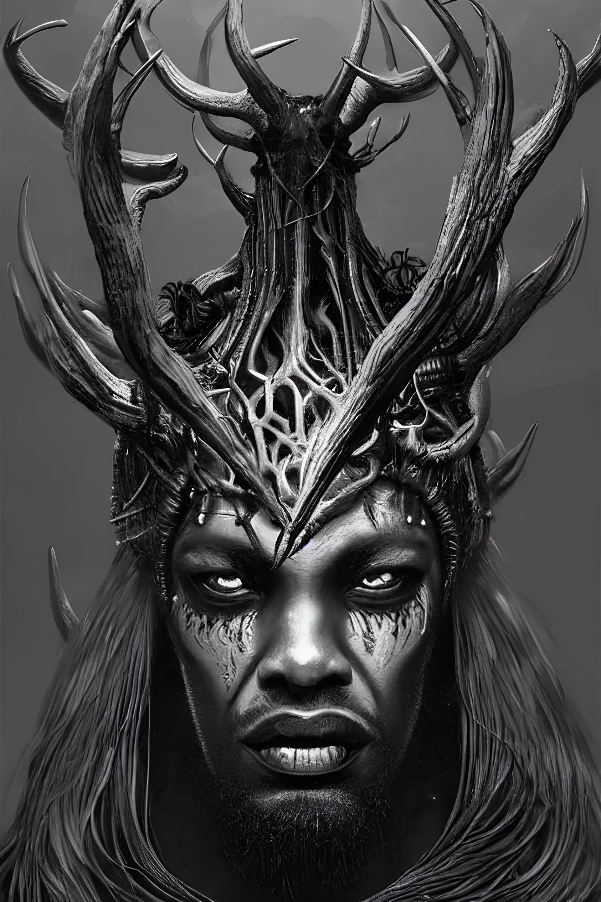 a striking portrait of an eldritch black god king with black antlers and a burning horned crown on his head by moebius and hr giger and beksinski, trending on artstation, digital art, 4 k resolution, detailed, high quality, sharp focus, hq artwork, insane detail, volumetric lighting, character concept art, fine details, clear face