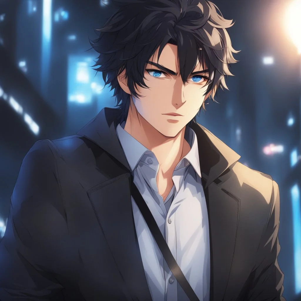 (masterpiece), (anime style), award winning, close up, centered, headshot, looking toward camera, messy black hair, young man, blue eyes, modern, dynamic lighting, ultra detailed, (epic composition, epic proportion), professional work, black clothes