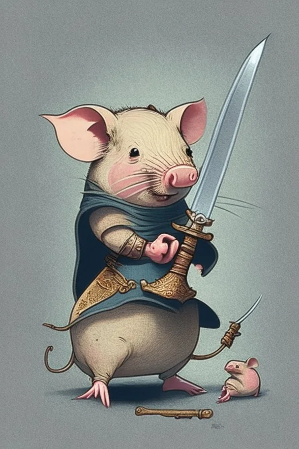 Design of a mouse holding a sword riding on a pig