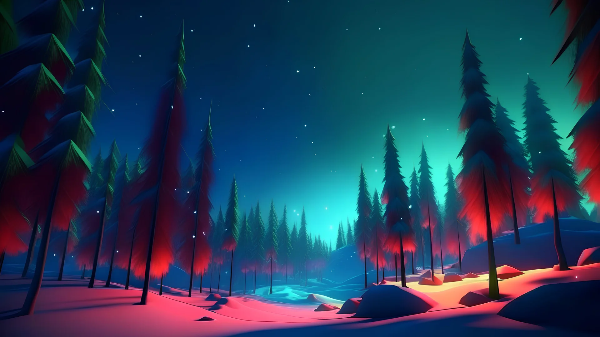 christmas time,photo of a snowy fir forest,christmas trees,, midnight hour,fireflies,lakeside,8k, volumetric lighting, Dramatic scene,splash color,low poly