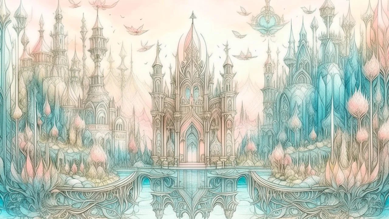 pencil sketch, pastel color, relaxation, luxury, dream world, calm beauty, symmetry, fantasy world, magic, beautiful composition, exquisite detail