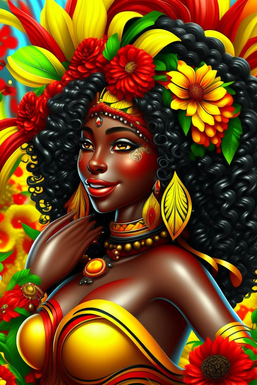 Create a digital airbrush cartoon of a curvy African American female wearing Brazilian carnaval outfit outfit that's Black, yellow, and red Prominent make up with hazel eyes. Highly detailed very long extremely curly black hair. Her skin is smooth and silky. Background eof a judge full of colorful flowers