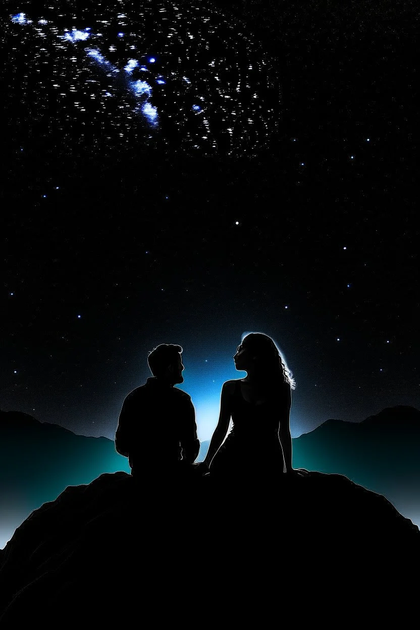 black background on a mountaintop with two silhouettes of a fit man and a silhouette of a fit woman sitting close to each other almost touching and looking at the stars