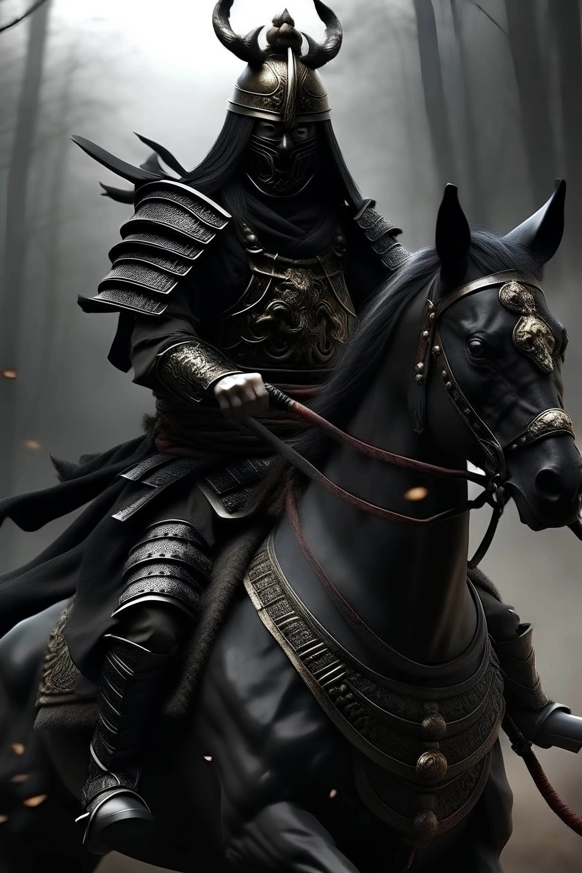 imagina un guerrero samurai del periodo Endo, con una mascara tradicional de demonio y montando un caballo azabache todo dibujado en CGI