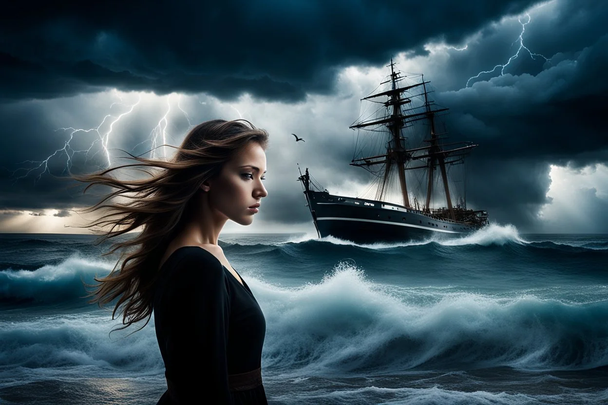 Compose a haunting and powerful image of a beautiful girl surrounded by her sadness in a surreal environment. Use dynamic lighting to create contrast and depth, illuminating her emotions and struggles. The sky above should be turbulent, with storm clouds brewing, reflecting the turmoil within her. In the background, depict a stormy ocean with a sinking ship, symbolizing loss and despair. Show a few people struggling for survival, adding a sense of urgency and chaos to the scene. Let the composit