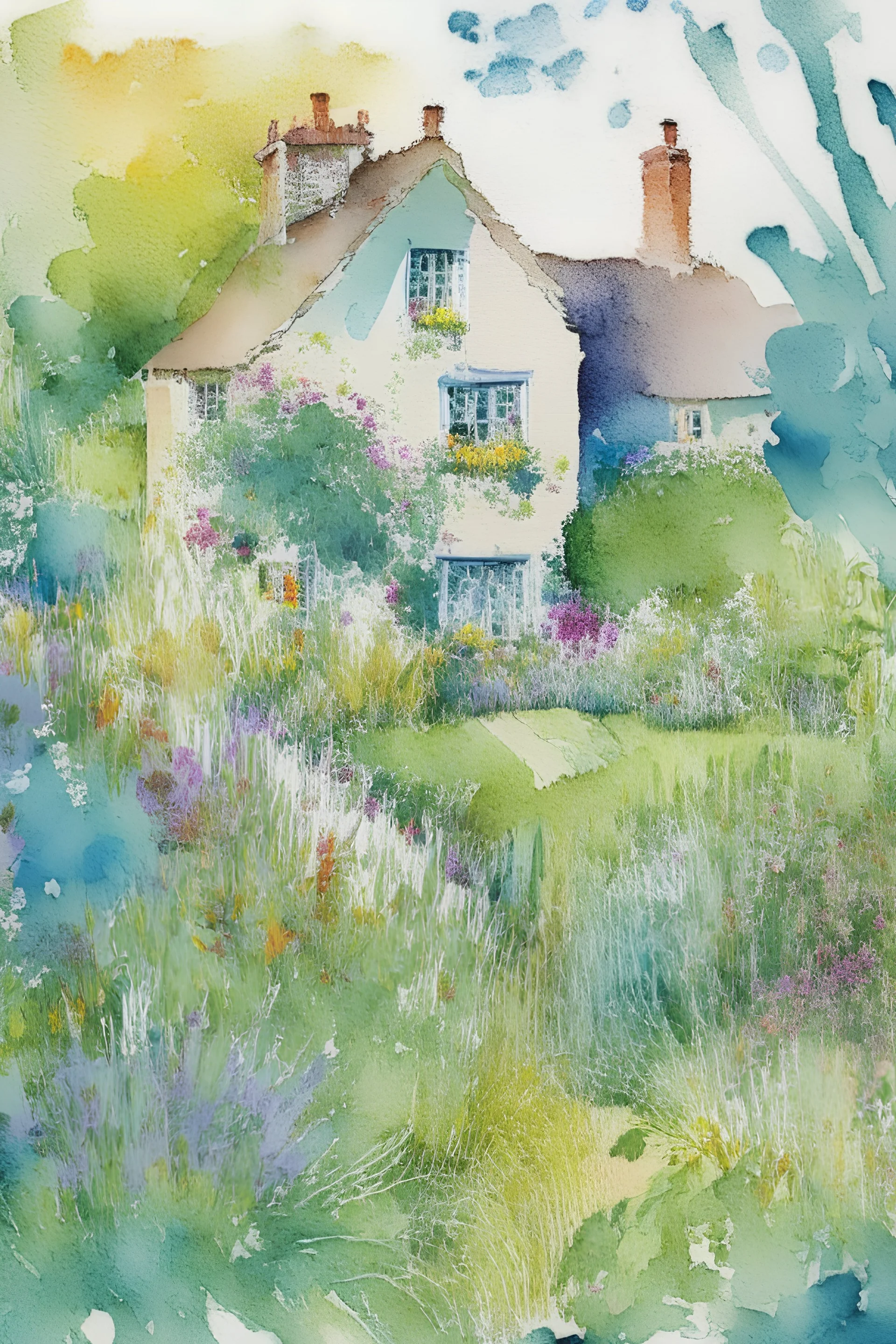 abstract watercolour english cottage garden in the style of picasso centred