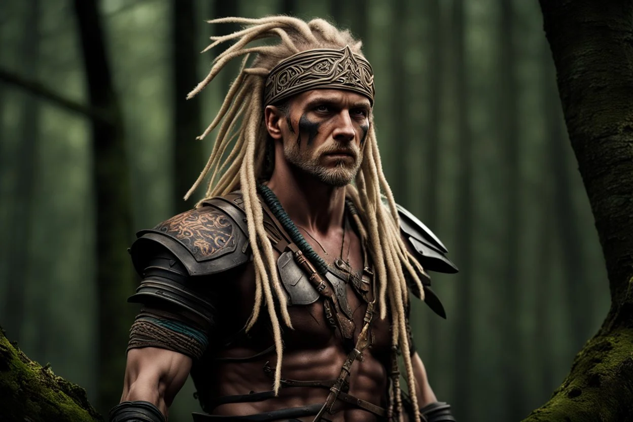 photorealistic portait of henry cavell as modern warrior with blonde dreadlocks tribal tattoos dark fantasy dark forest