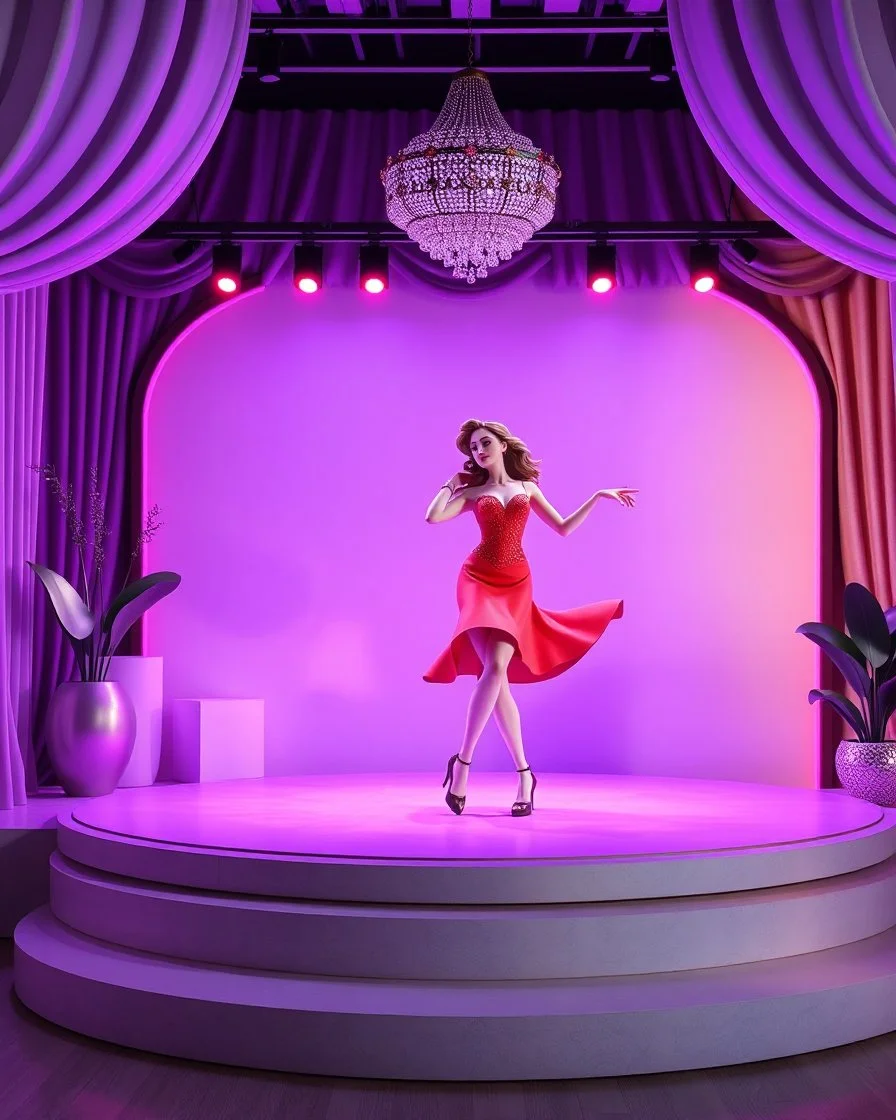 3d recusive stage with modern 3d structre and modern decoration a godoss lady dancing salsa with cute ,the background is evolving and animating