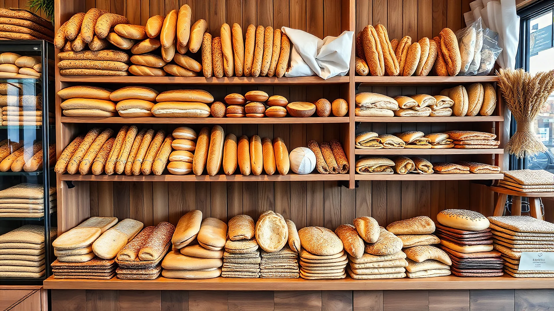 The wooden floors on the wall of a shop are filled with all kinds of fancy breads, including baguettes, sandwiches, dough and tortillas, white, and whole wheat, and all kinds of sweets, wheat ears, sesame seeds, and freshly baked sliced ​​breads.