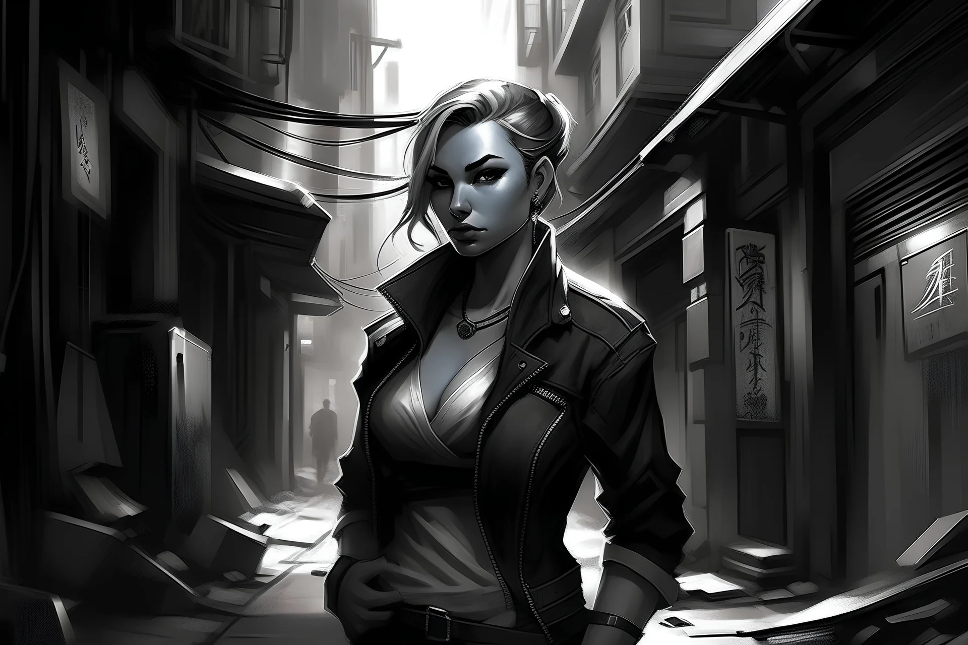 In the narrow, decrepit alleyway stood a formidable woman, her back turned to us as if she faced the challenges of the world alone. Before her, a group of menacing gangsters gathered, their intentions clear in their aggressive postures and glowering stares. Yet, despite the imminent threat, the woman exuded an undeniable aura of strength and resilience. Her stance was unwavering, her expression determined, ready to confront whatever hardships life hurled her way. As the tension in the air crackl